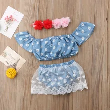 Комплекты одежды из 3 предметов для новорожденных комплекты для маленьких девочек комплект с открытыми плечами Цветочная рубашка, топы с кружевом шорты штаны Одежда, комплект одежды