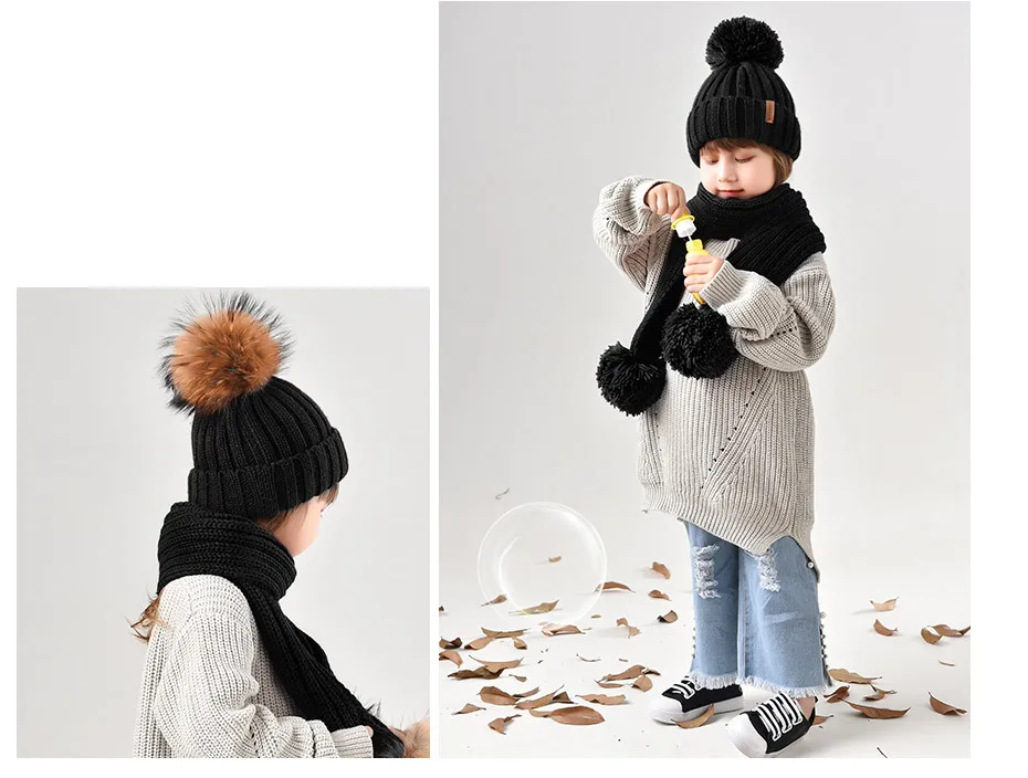 FURTALK Kids Winter Warm Chunky Thick Knit Beanie Hats and Scarves Real Fur Pompom Hat Scarf Set for Child Ages 2-10