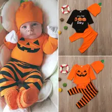 Комплект из 3 предметов, новинка года, Одежда для новорожденных мальчиков комбинезон с изображением тыквы, штаны костюм скелета на Хэллоуин, комплект одежды