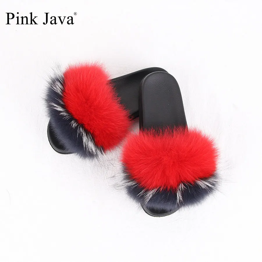 

pink java QC1802 2018 NEW ARRIVA summer women shoes real fox fur slipper girl luxury indoor slides flats fluffy big fox sandals