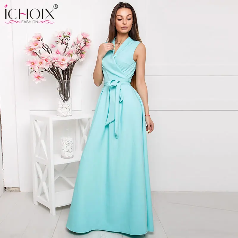 

ICHOIX 2019 Elegant Summer Long Dresses Women V-neck Sexy Maxi Dress Style Female Floor Length Evening Party Dress belt vestidos