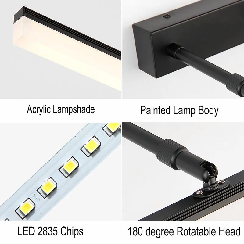 40 см/50 см/60 см/70 см/90 см Ванная комната настенный светильник переменного тока 110 V-220 V черный, серебристый цвет Регулируемый Светодиодное освещение зеркала в ванной для душевая комната