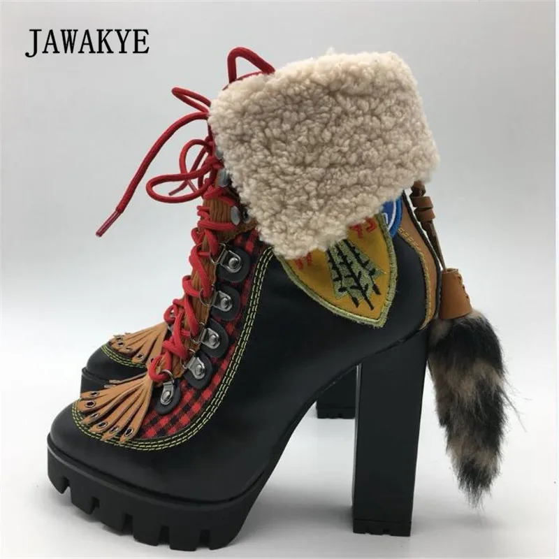 2017 Winter Wool Snow Boots Woman Round Toe Bandage Platform High Heel