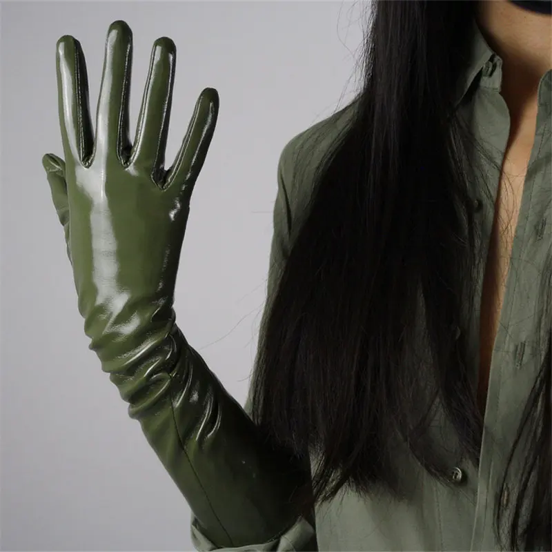 Женские полиуретановые перчатки из лакированной кожи Длинные Стильные 40 см яркие кожаные вечерние танцевальные кожаные женские перчатки для косплея PU40 - Цвет: patent leather green