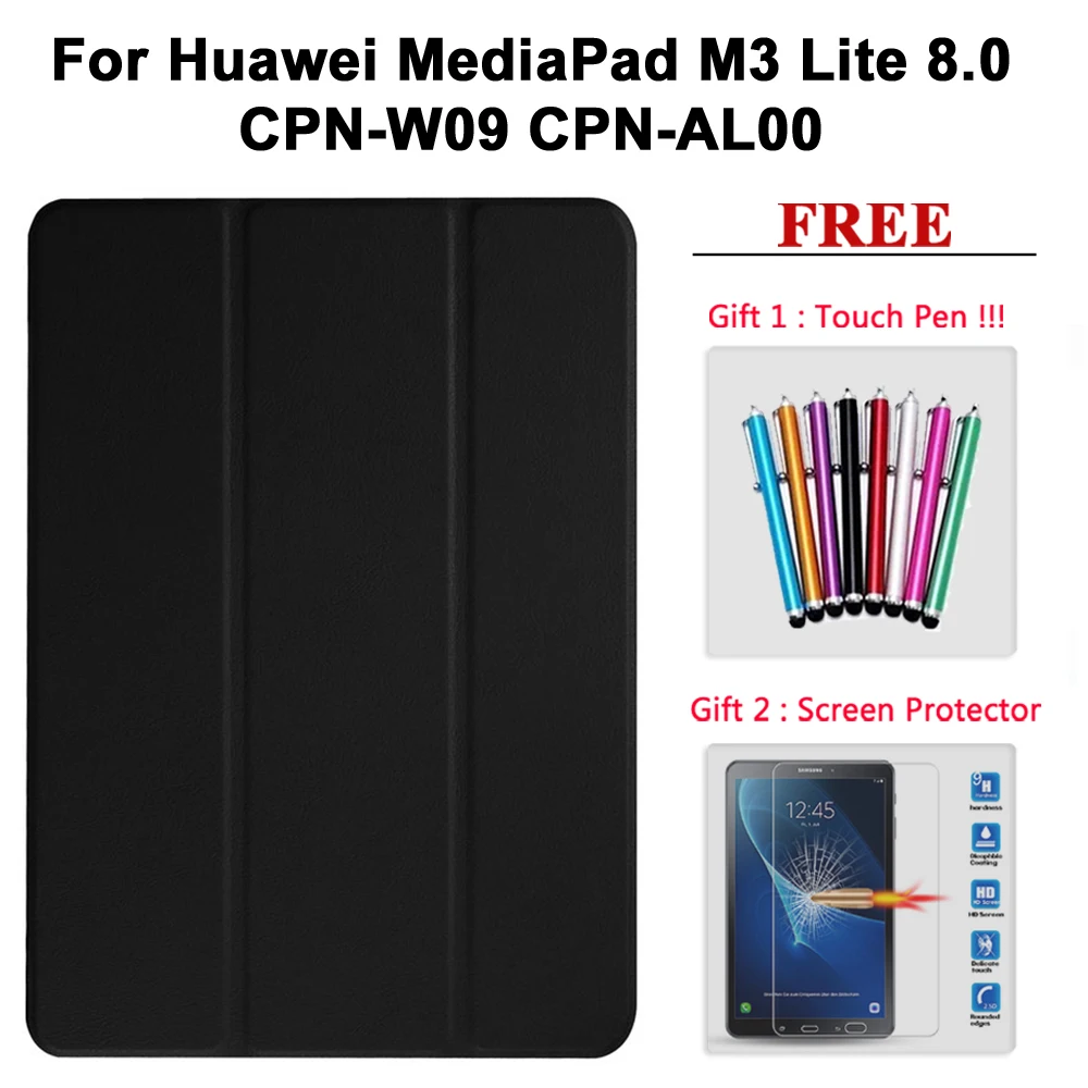 Защита экрана стекло+ чехол для huawei MediaPad M2 8,0/Медиа Pad M3 8,4/M3 Lite 8,0/M3 Lite 10,1 PU кожаный чехол - Цвет: M3 Lite 8.0 hei