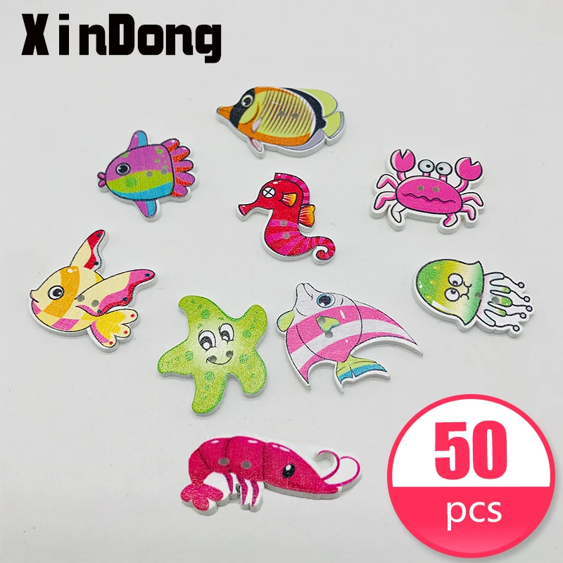 

XinDong 50pcs Mixed Animal Fish Wooden Buttons For Clothes Crafts Sewing Decorative Needlework Scrapbooking DIY Accessories