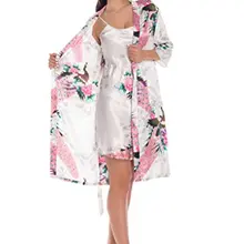 2 Stück Set Frauen Seide Pfau Kimono Roben Sexy Dessous Frauen Hochzeit Brautjungfer Robe Satin Nachthemd Bademantel Pijam