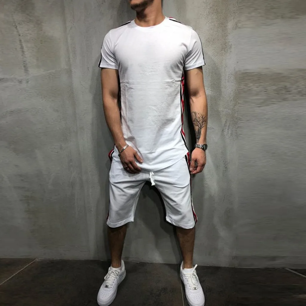 

New Fashion summerMens Summer Leisure Stripe Color Collision Short Sleeve Shorts Sports Thin Sets playeras de hombre
