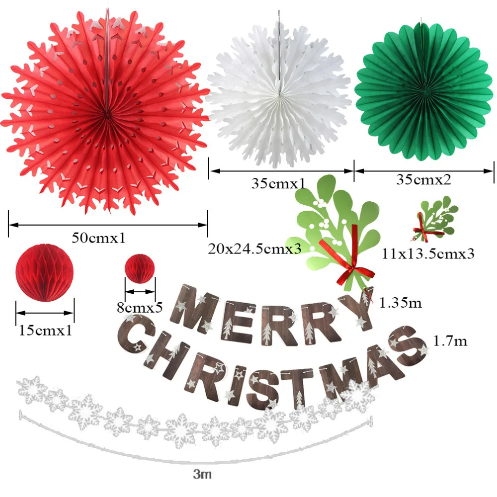 Набор из 13 рождественских бумажных украшений, гирлянда для фанатов в виде снежинок, баннер, соты, рождественские бумажные поделки, висячие украшения