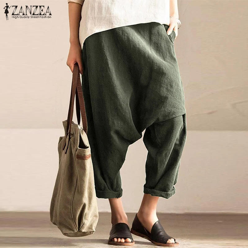 Casual Drop-Crotch Trousers Womens Pants Autumn ZANZEA Vintage Elastic Waist Harem Pant Female Long Pantalon Palazzo 5XL