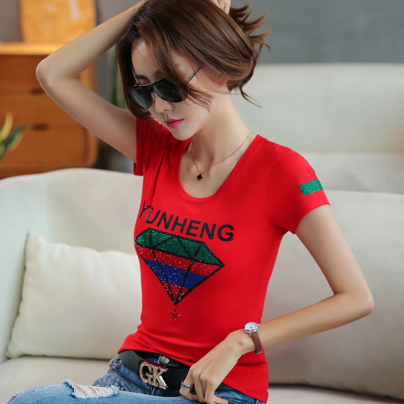 

2019 New Women Summer High Street Fashion Rhinestone Geometric Sexy Slim Cotton T Shirts Top Female Casual Shirts Plus Size Tees