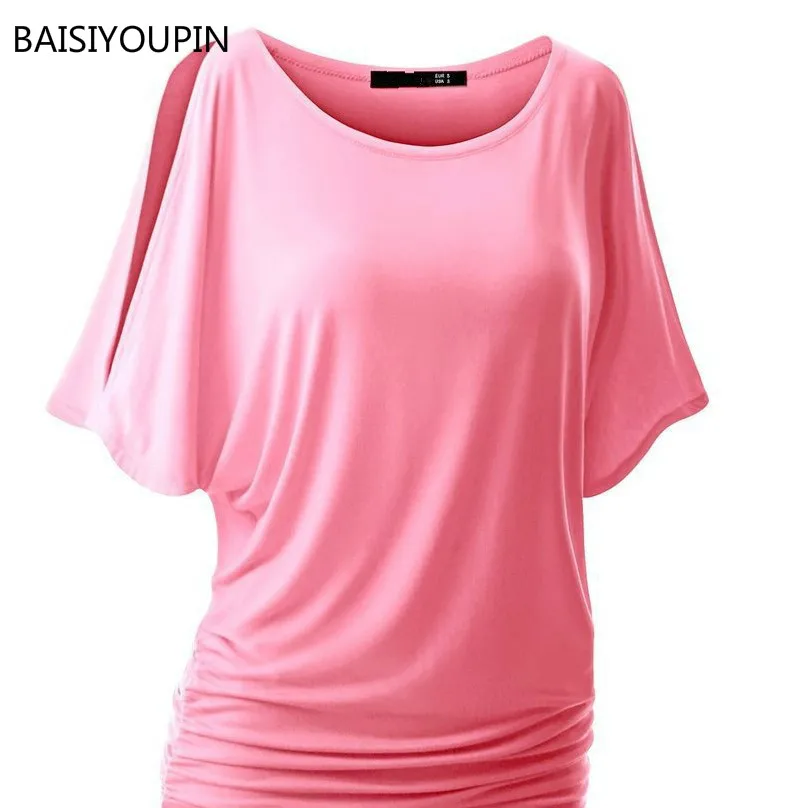 

Wholesale New Fashion Sexy Solid O-Neck Short Batwing Sleeves T-Shirts Women Candy Colors Casual Summer Slim Tops Tees Plus Size