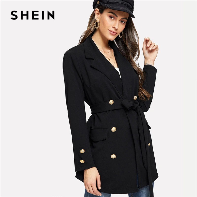 SHEIN Workwear Black Casual Button Detail Notched Collar Double