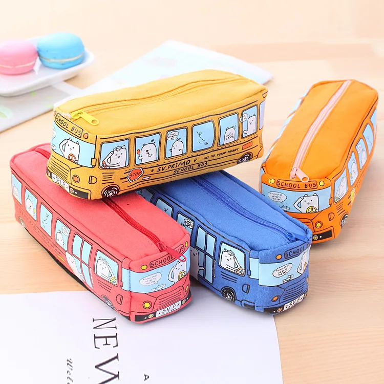Kawaii креативный чехол для карандашей в форме школьного автобуса, Холщовая Сумка для карандашей с изображением животных из мультфильма, вместительная коробка, школьные принадлежности