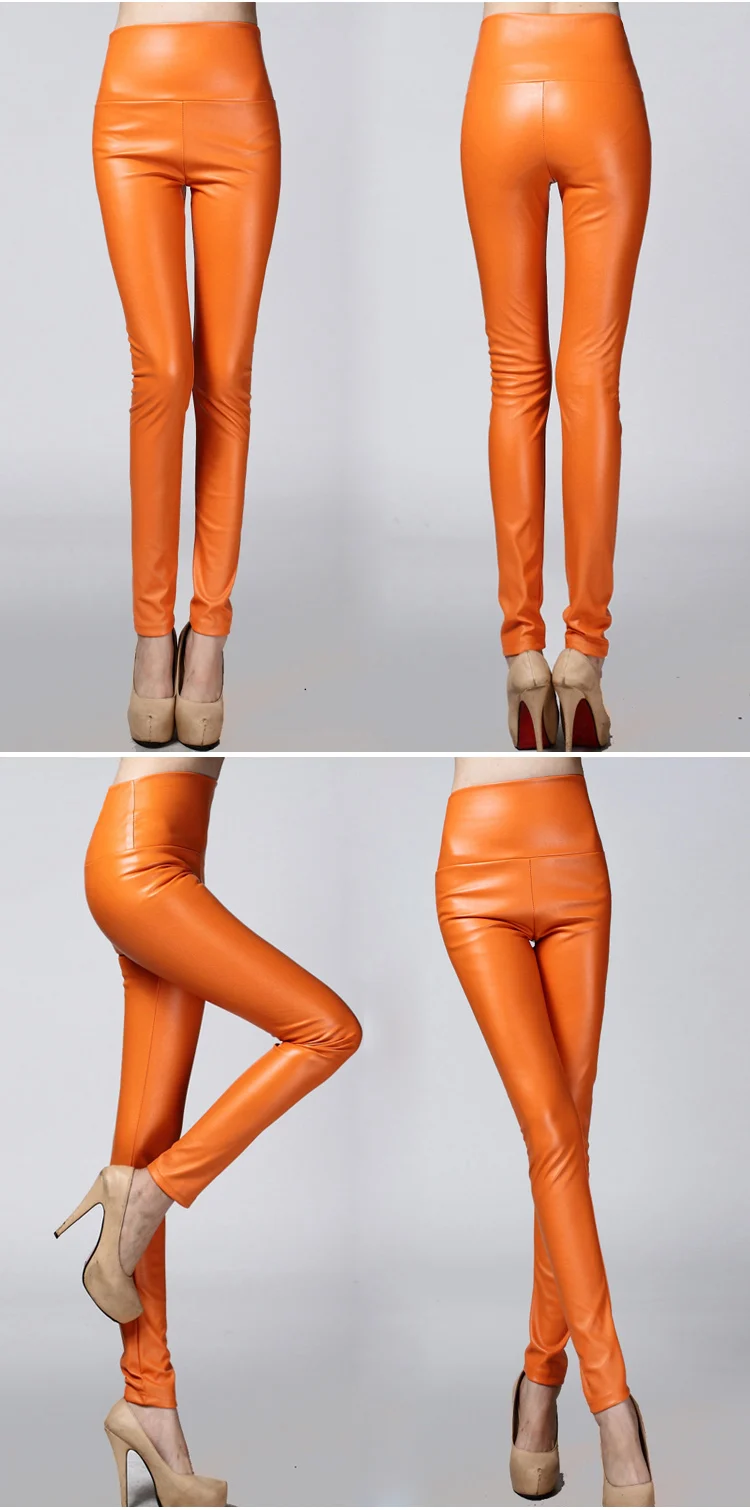 Autumn and winter large size with fleece PU color imitation leather leggings high waist tight leather trousers for women slim (28)