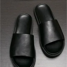 Для мужчин модные летние Шлепанцы из натуральной кожи Для мужчин открытый мягкая подошва кожа пляжные шлепанцы Для мужчин Молодежные кожаные шлепанцы