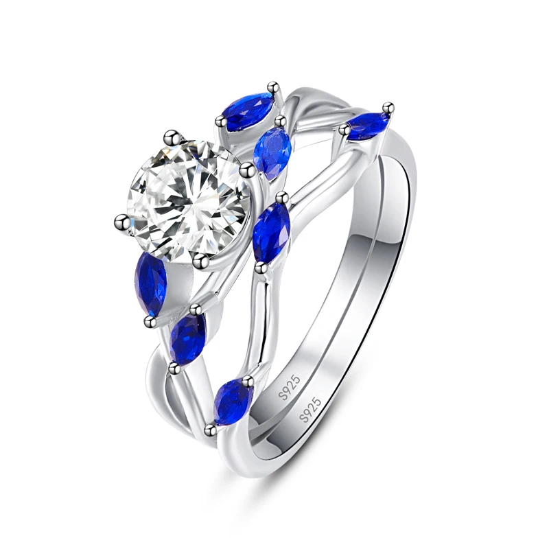 BONLAVIE Wedding Band Couple Ring Sets Horse Eye Shape Blue Sapphire Tanzanite Rings 100% 925 Sterling Silver Fine Jewelry Ring