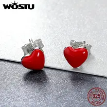 WOSTU,, 925 пробы, серебряные, милые, красное сердце, эмалированные серьги-гвоздики для женщин, серебряные серьги,, вечерние ювелирные изделия, подарок FME147
