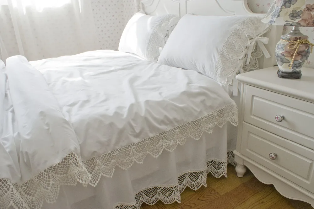 Корейский стиль принцессы Твин Полный queen king размер постельные принадлежности Атлас хлопок и кружева белый оборками кровать юбка пододеяльник набор