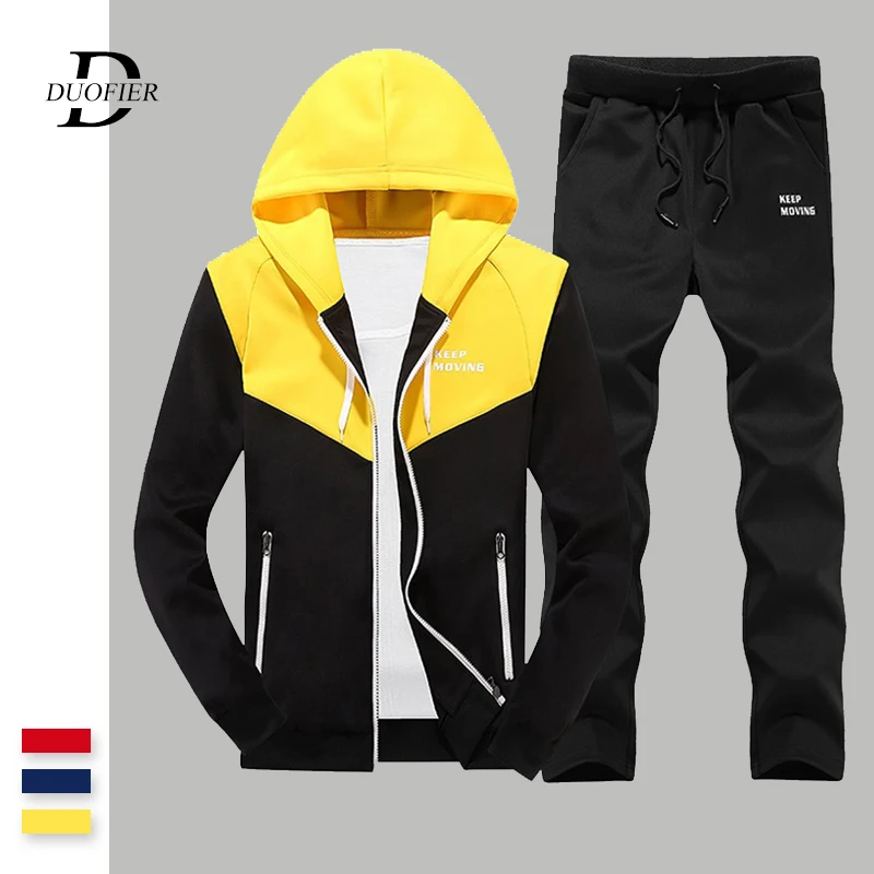 

Men Hooded Set Casual Slim Fit Tracksuit Solid Patchwork 2019 Autumn Mens Sportswear Jacket+Pants Two Piece Sets Terno masculino