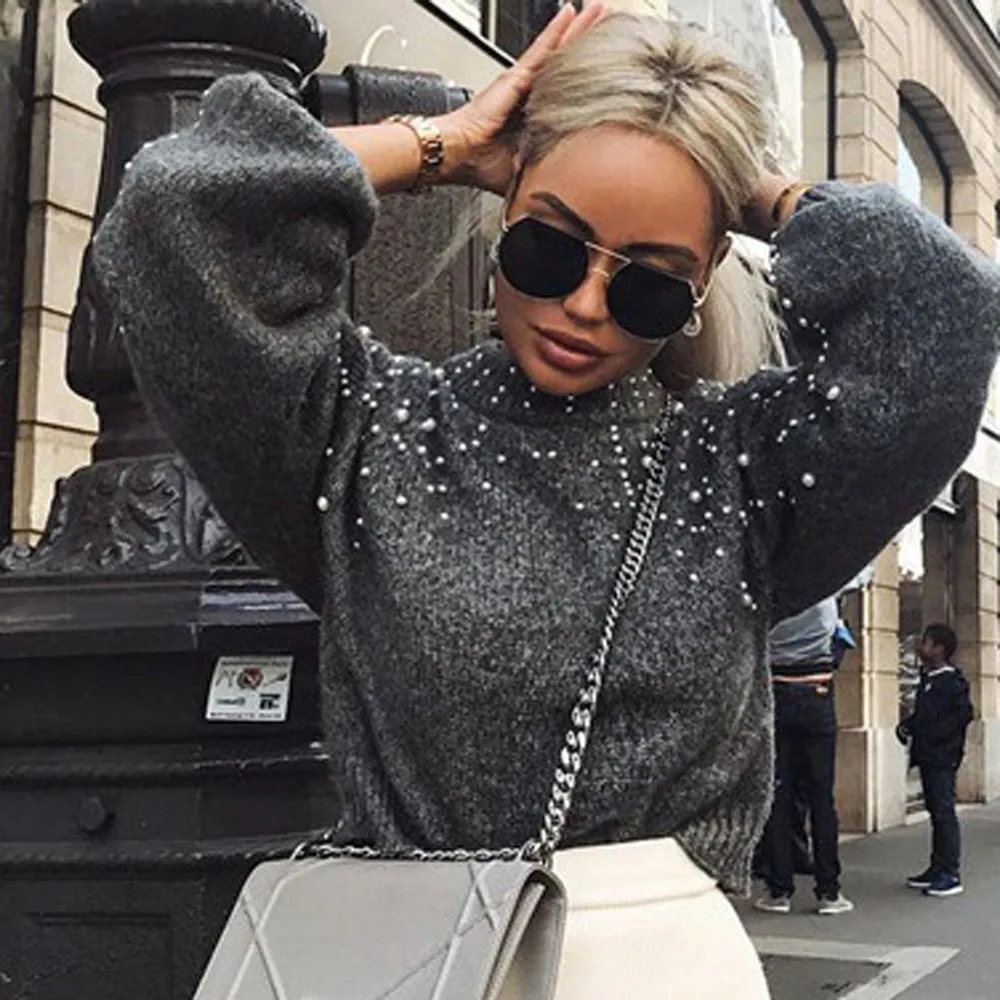 

Women sweater Winter Gray Pearl modis Pullovers O Neck Long Sleeve Knitted Vintage Sweater Office Ladies roupas feminina#3s