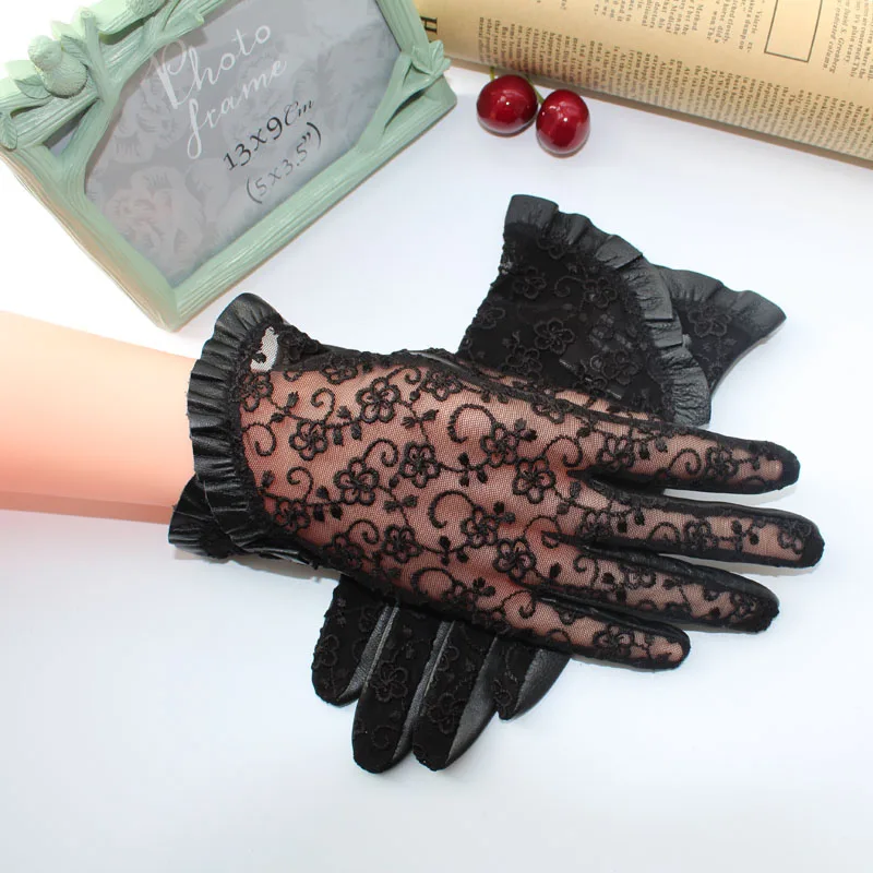 2017 Summer Genuine Sheep Leather Gloves for Women Sunscreen Lace Gloves Ladies Anti UV Anti-slip Driving Gloves Female Mittens