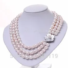 Чудесные счастливые Ювелирные изделия Белый 7-8 мм 3 ряда натуральный пресноводный жемчуг/оболочки цветок многослойное колье женские широкие