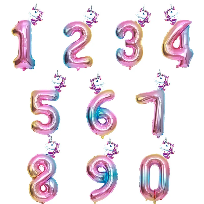 2 Pcs/set Unicorn Birthday Balloons 32inch Number Ballon Birthday Party Decorations Kids Happy Birthday Ballon Number Baloon