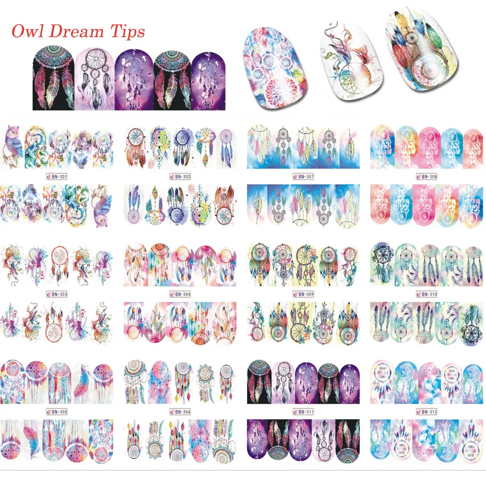 

Hot Sale 12Sheets in One BN301-312 Nail Art Dreamer Patterns Decals Water Transfer Image Tattoos Nail Art Decorations Sticker