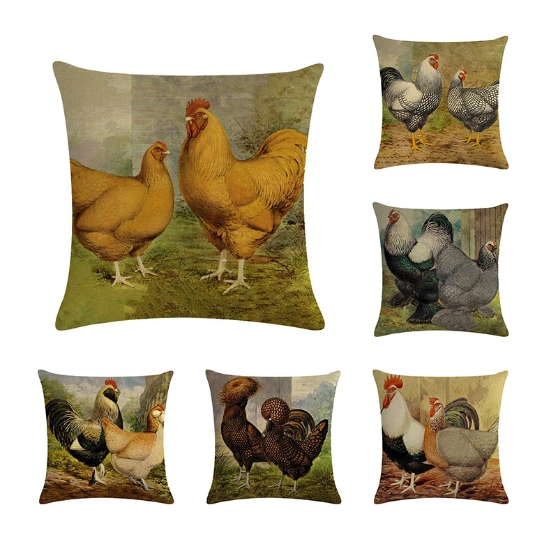 Best Vintage Cushion Cover Cock Hen Retro Decorative Pillows Case Linen Animal Print Bedroom Home Chair Sofa Seat Throw Pillows Decor