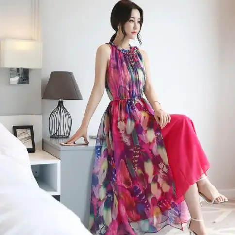 

2019 New Summer Bohemianach Women O Neck Long dress Chiffon Seaside Holiday Sleeveless Loose Dresses DC937