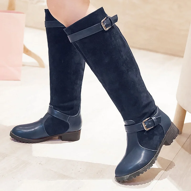 

Winter boots women short plush big size 4-10.5 buckle knee-high boots patchwork square heel wear-resistant female boot