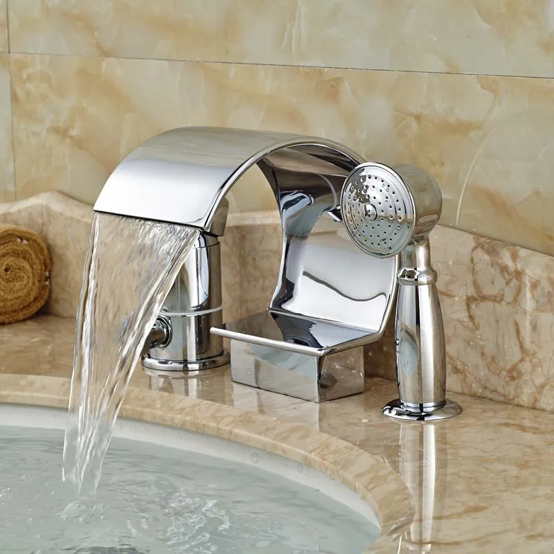 Polished Chrome Waterfall Spout Brass Bathtub Mixer Faucet Single Handle Roman Tub Filler with Handshower