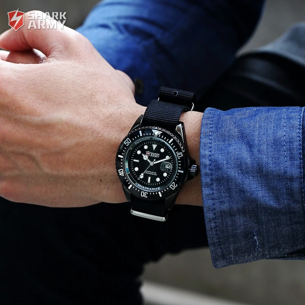 SHARK ARMY Auto Date Display Black Stainless Steel Case Nylon Fabric Strap Men Wrist Watch Quartz Sport reloj hombre Gift/SAW015