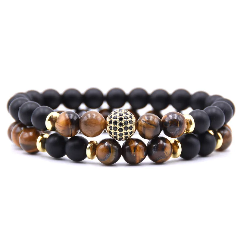 

HYHONEY 2pc/sets Natural stone Bracelets & Bangles Pave CZ 10mm Ball Charms Bracelets for women Jewelry Men Pulseira