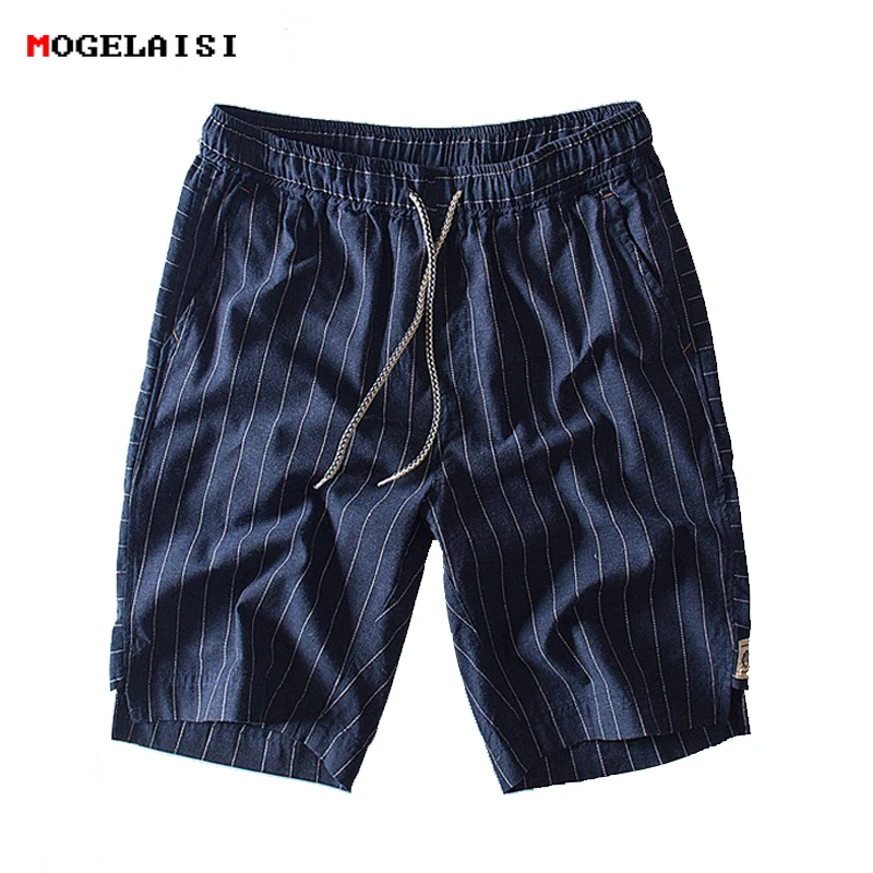 Goede Nieuwe collectie Gestreepte shorts mannen zomer mode trend 100% katoen linnen shorts knie lengte rechte elastische mannelijke shorts 1833
