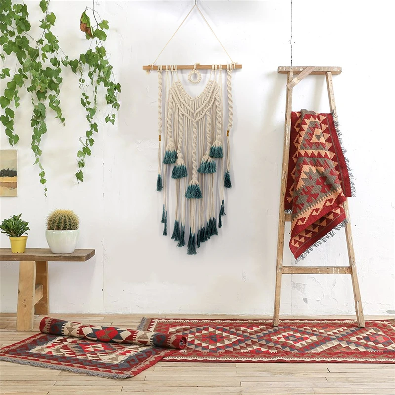Bohemia Style Handmade Beige Wall Tapestry With Blue Tassells 1pcs Home Decor Cotton+Wood Hanging Tapestry Home Art Tapestry