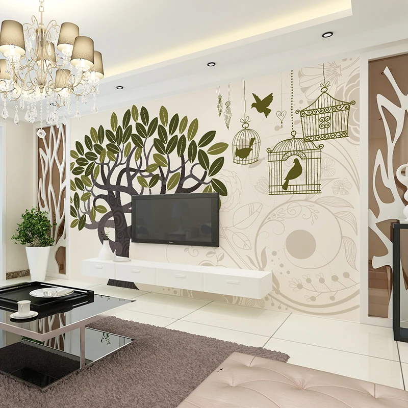 Kustom 3d Foto Pohon Besar Burung Hidup Di Ruang Tamu Dari Kamar