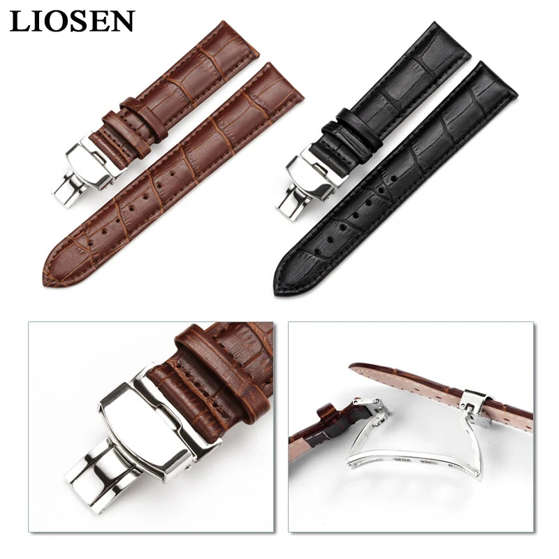 LIOSEN Watch Band Strap Butterfly Pattern Genuine Leather Deployant Buckle Bracelet Brown Black Watchbands 16 24mm
