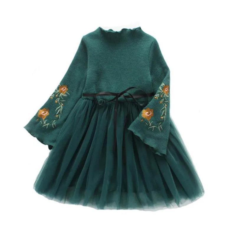 

DFXD Children Dress Winter New Thick Velvet Girls Long Sleeve Dress Fashion Flower Embroidery Net Yarn Spliced Princess Dresses