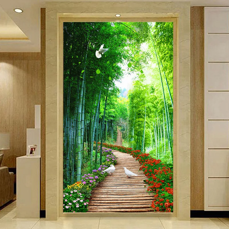 

QIANZEHUI,DIY 5D Diamond Embroidery,Round Diamond Blossoming Bamboo forest road Full Diamond painting cross stitch,needlework