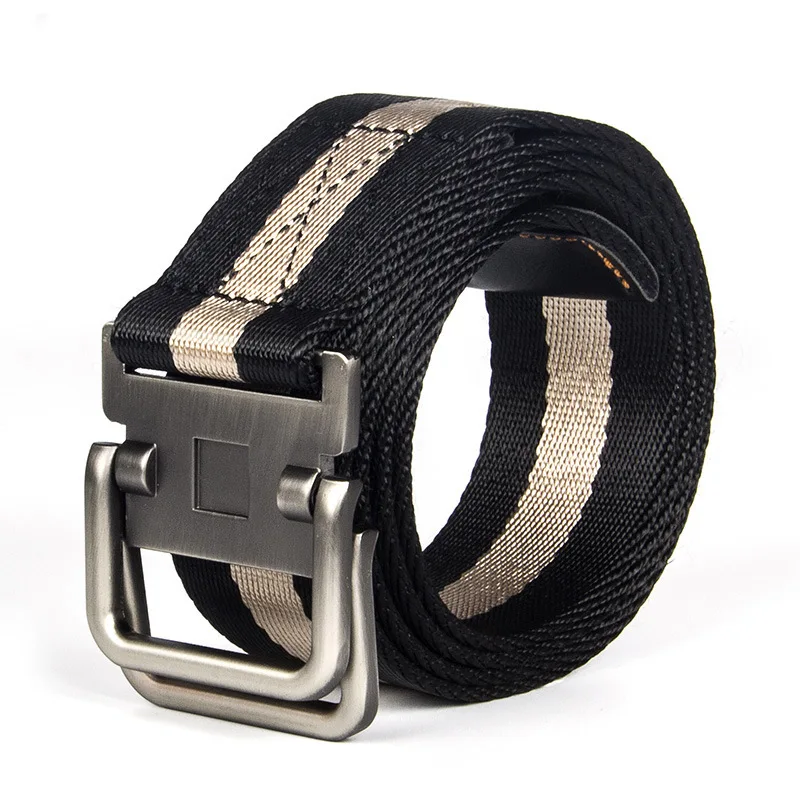 LAUWOO Double loop buckle canvas belt men and women with a common nylon