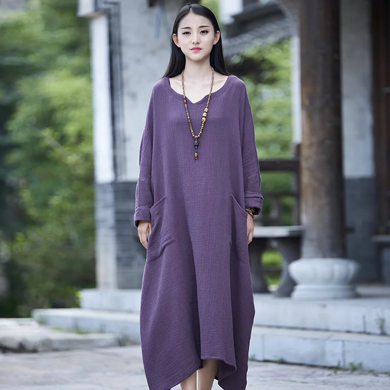 

Solid Cotton Long sleeve Women Long Dress Plus size Oversized Casual Zen Robe Femme Dress Original Loose Maxi Autumn Dress B005