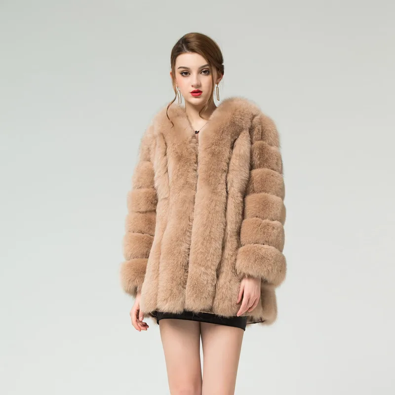 

New fox fur coat long sleeves round neck ladies warm coat winter fashion natural fox fur coat