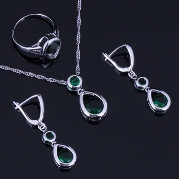 

Ravishing Water Drop Green Cubic Zirconia Silver Plated Jewelry Sets Earrings Pendant Chain Ring V0995