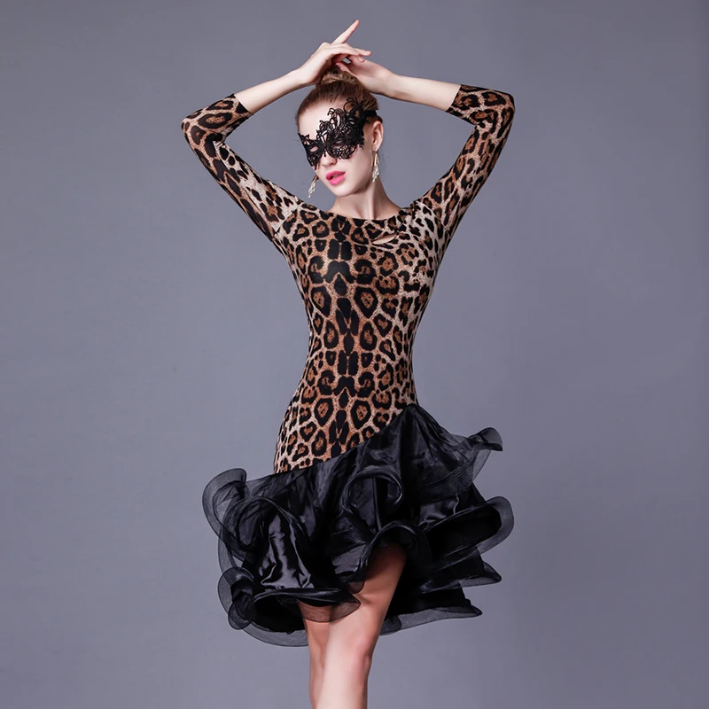 С леопардовым принтом латинское платье для танцев выступление Конкурс одежда для взрослых бальный костюм Румба ча-ча, самбы, в ковбойском стиле, для танцев
