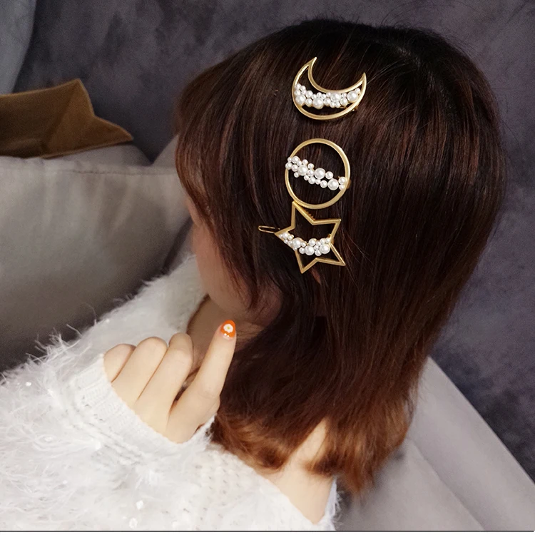 

Korean Hair Barrettes Metal Moon Star Hairpin With Pearls Wedding Hair Clip For Women Girls Hair Styling Headdress Women Jewelry