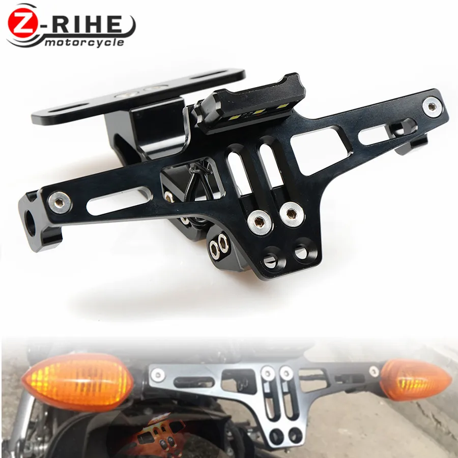 for Honda Kawasaki Yamaha KTM Suzuki BMW Universal CNC Aluminum Motorcycle Rear License Plate Mount Holder with White LED Light