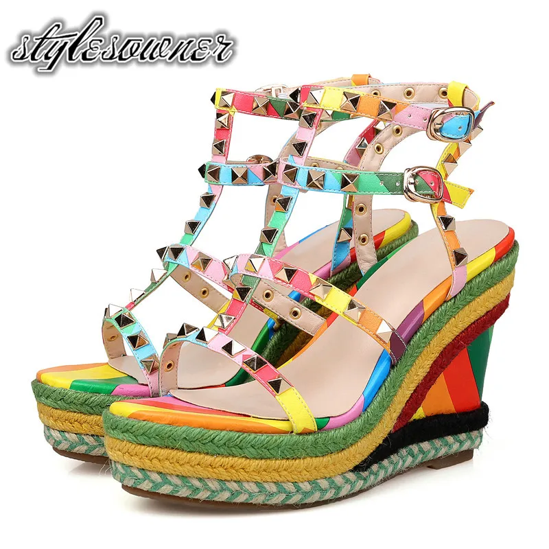 

Stylesowner 2018 Summer Sweet Hand-made Soft Women Sandals Wedge Cow Leather Super High Heels Colorful Fashion Sandals Female