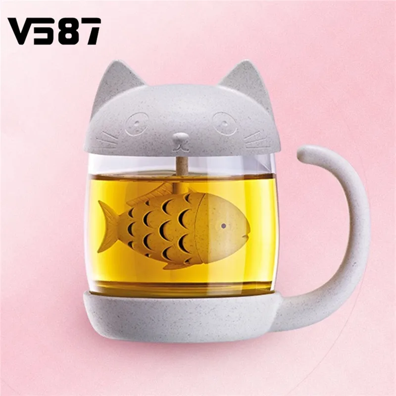 250ml Cute Cat Glass Cup Tea Mug With Fish Infuser Strainer Filter Tea